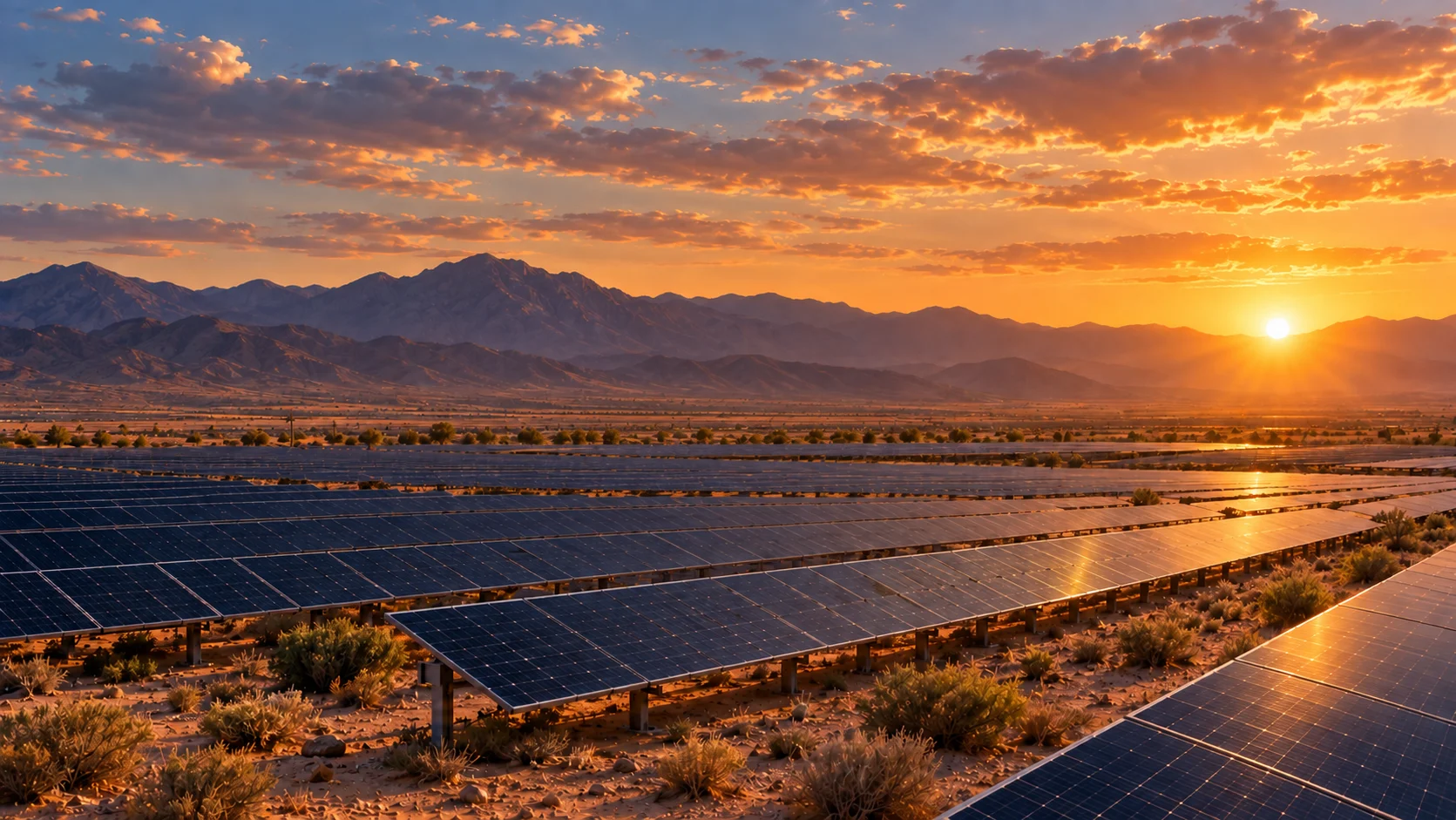 Rows of solar panels facing the setting sun, with an arid mountain horizon